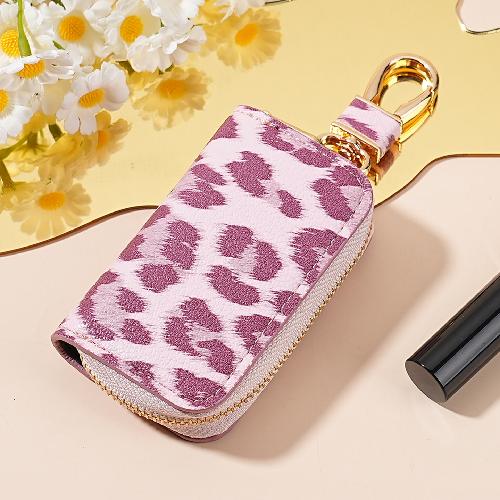 Leopard Pattern Car Key Case for Men and Women Motors Key Cover Leather Car Key Holder with Keychain Car Accessories Coffee Pink