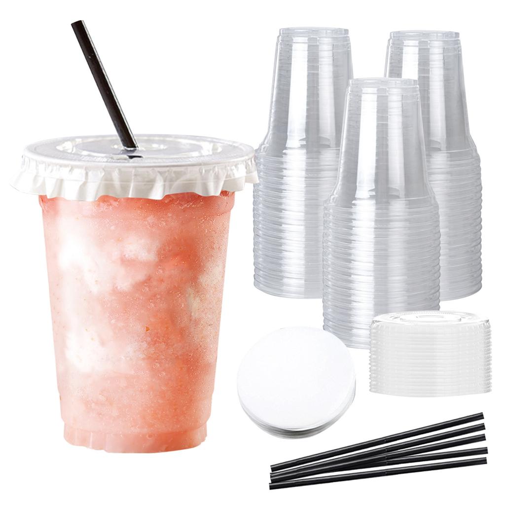 50PC Clear Plastic Cups With Lids And Straws, Iced Coffee Cups With Lids, Disposable Cups Plastic Coffee Cups Smoothie Cups For Cold Drinks(500ml)