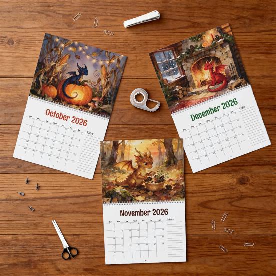 2026 Pastoraler Drachenkalender Drachen durch die Jahreszeiten Wandkalender Monatskalender Büro- oder Heimplaner Geschenk für Drachenliebhaber