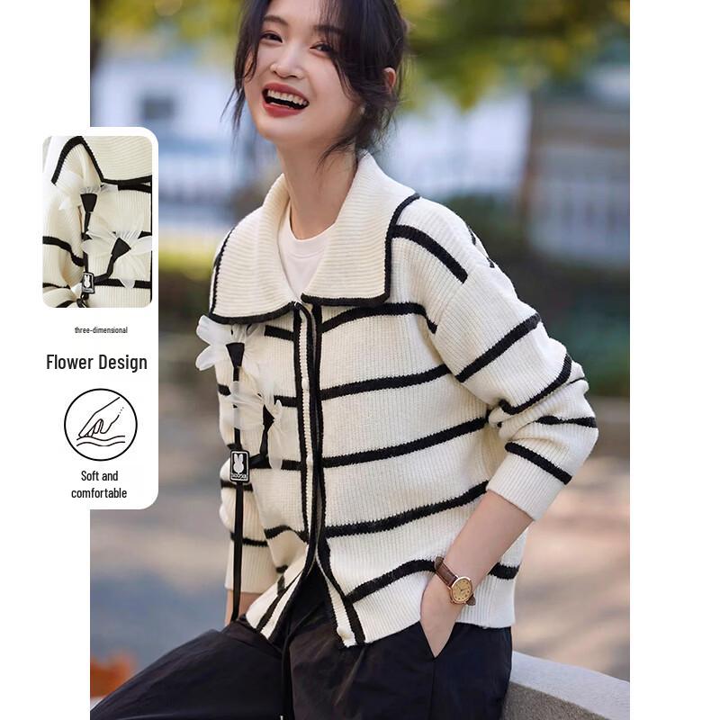 Women s Striped Lapel Knit Cardigan M