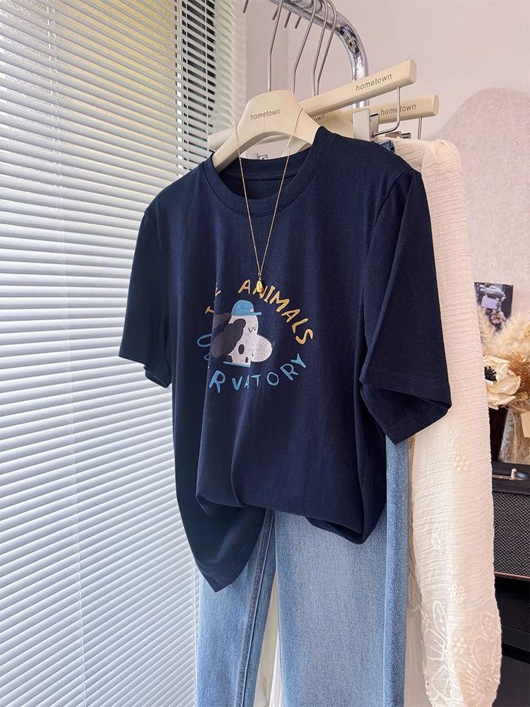 Women's White Cartoon Retro Pure Cotton Loose T-shirt