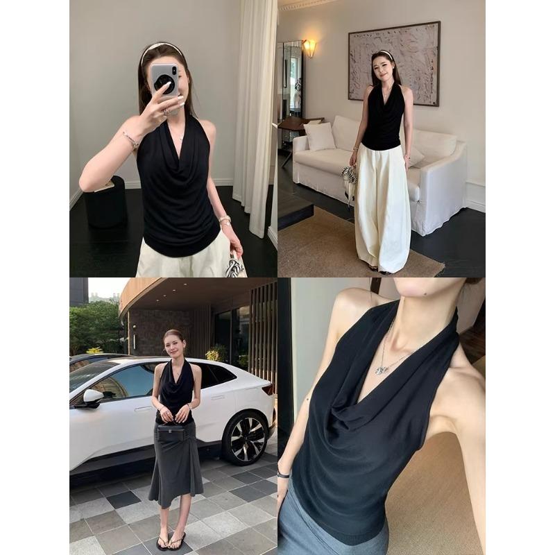 Women Summer Cool Feeling Lyocell Cowl Neck Cami Tank Top Solid Color Fashion Sleeveless Designer Style Casual Top