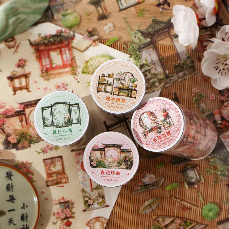 1 Roll Chinese Style Courtyard Washi Tape, Vintage Pavilion Decor Tape, Journal DIY Collage Material, Notebook Creative Sticker