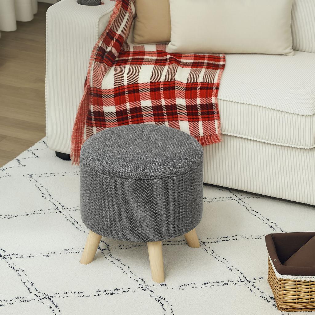 Round Pouf Footstool Stool with Storage Chest Wooden Legs Modern Design Grey
