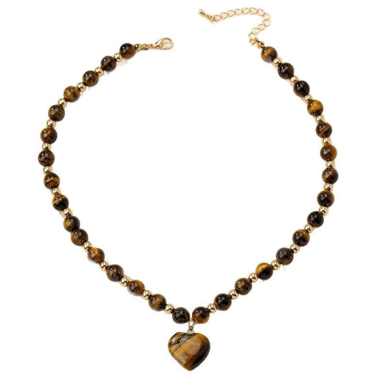 1PC Fashion Maillard Tiger's Eye Necklace Natural Stone Tiger's Eye Stone Love Pendant Necklace Women