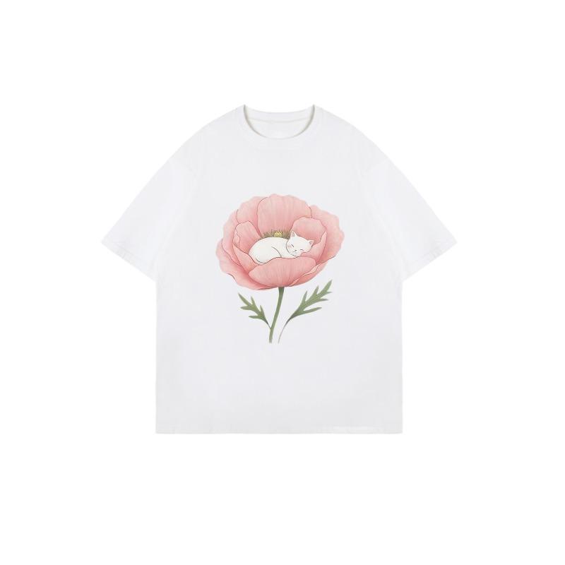 Oversized T Shirt Black Poppy Flower With Sleeping Cat Print Casual Wear For Women
