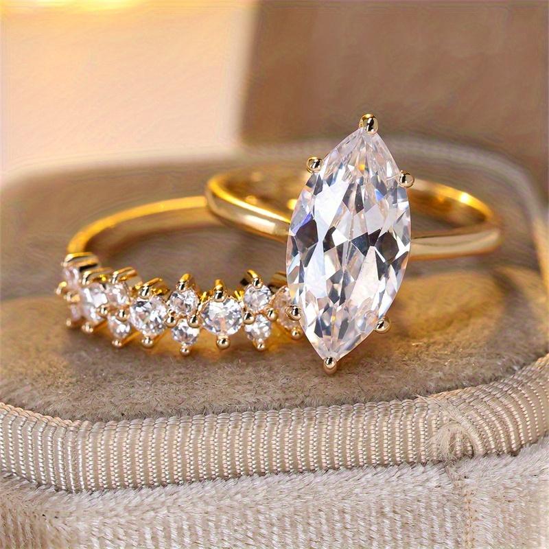 2 Pcs/set Golden Color Marquise Cut White Stone Ring Set Wedding Band Valentine's Day Jewelry