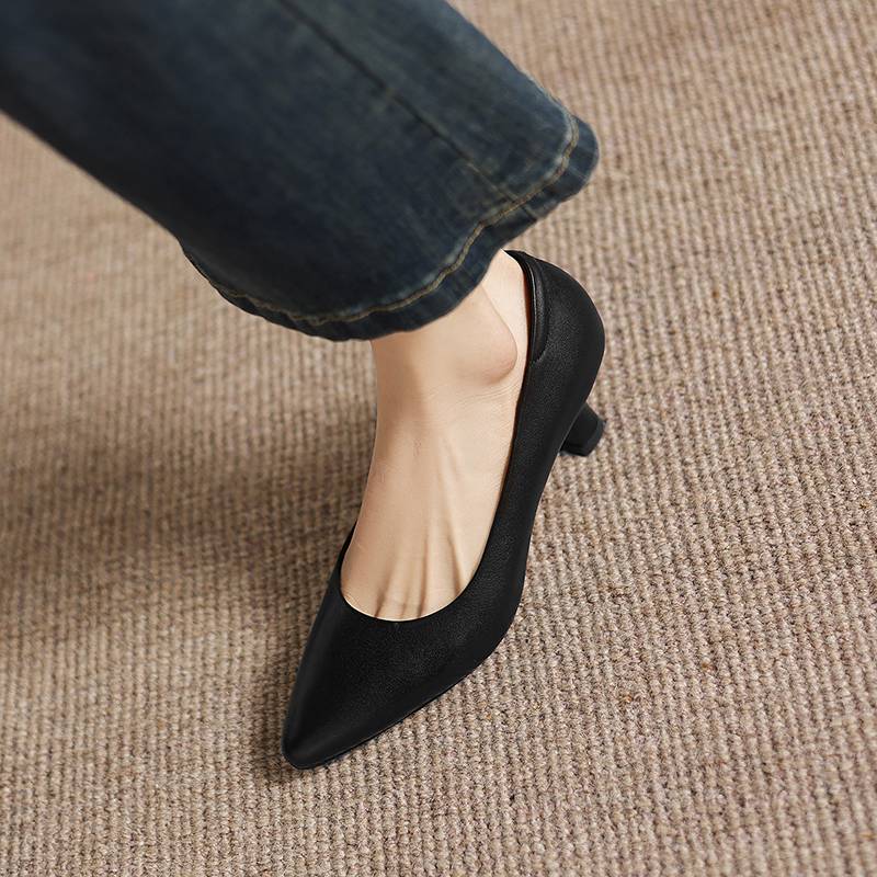 Krazing Pot Genuine Leather Round Toe Thin Heels Summer Shoes Solid Big Size 42 Shallow Decoration Women Shallow Pumps
