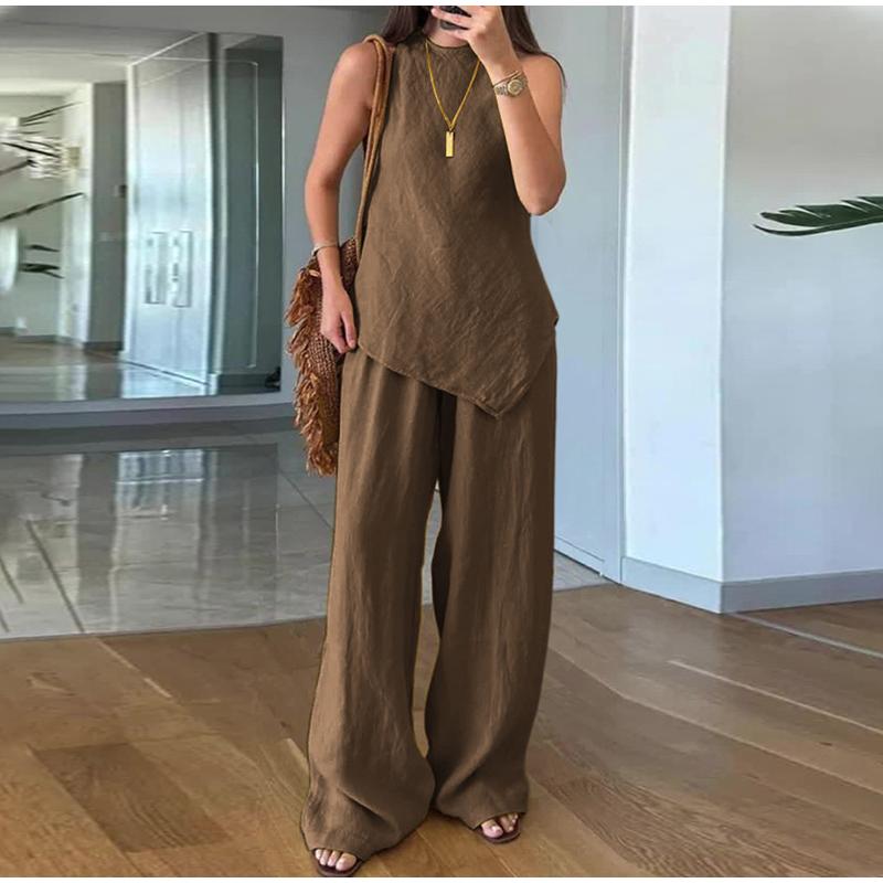 

Женский повседневный пуловер с круглым вырезом, без рукавов, плюс карман, брюки, хлопок, многоцветный женский костюм XXXL темно-коричневого