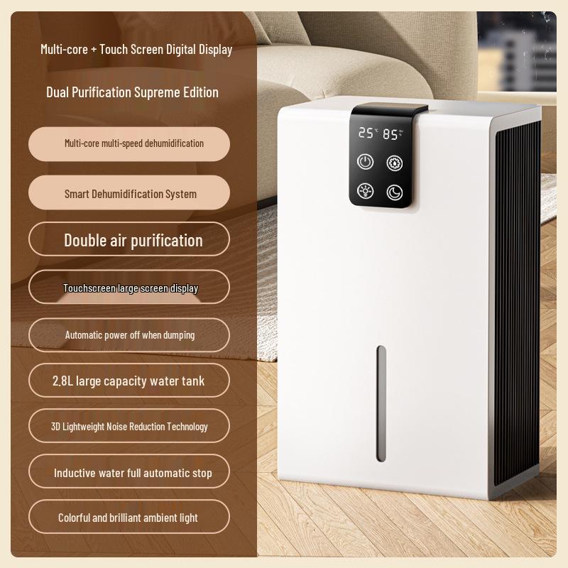 Compact Digital Dehumidifier & Quiet Air Purifier for Home, Dorm, Bedroom, or Basement.