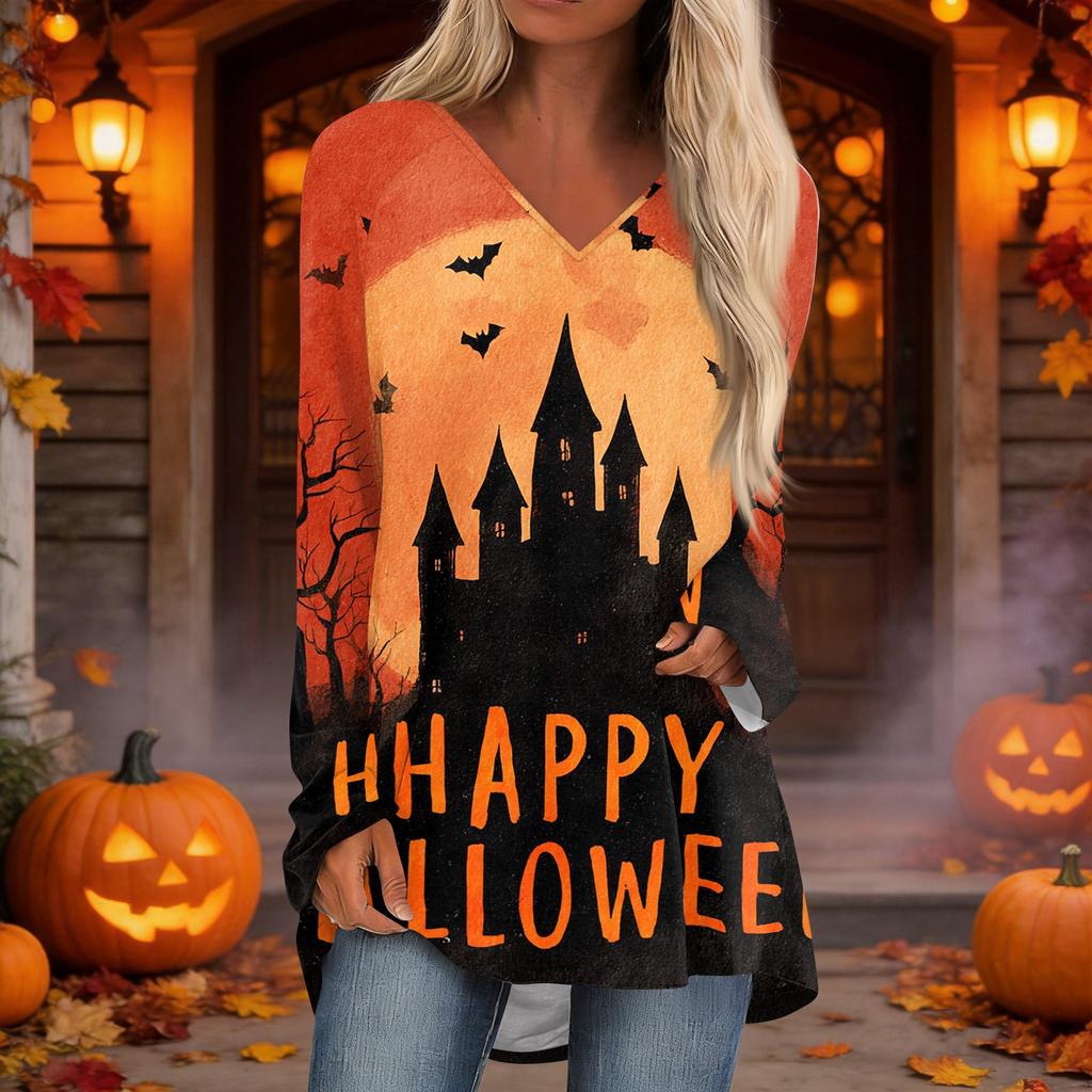 Women's Casual Long Sleeve V-Neck Print Mid-Length Tunic Top