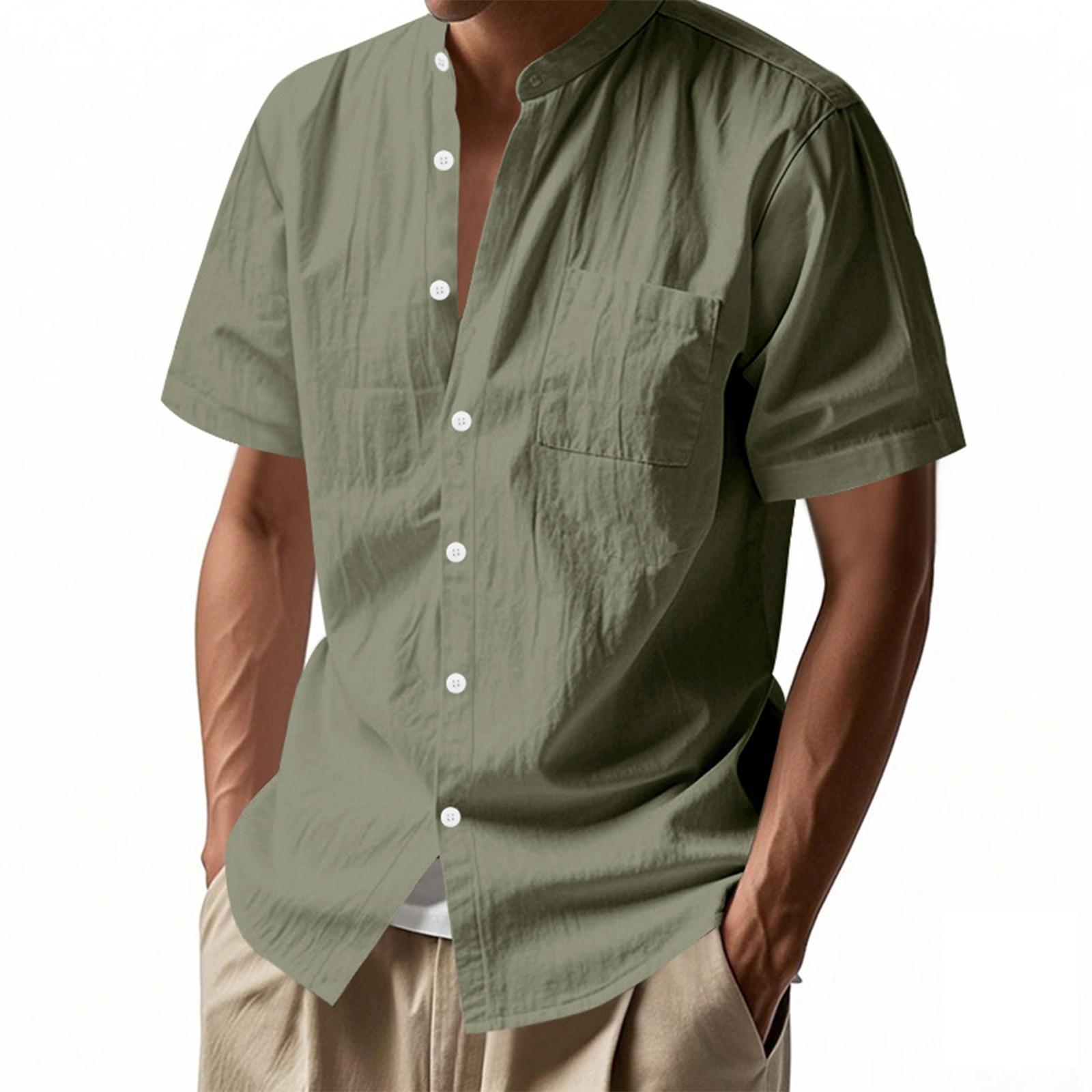 

Men s Solid Color Classic Loose Linen Carburean Stand-up Collar Short-sleeved Sporty Casual Shirt Top XXL