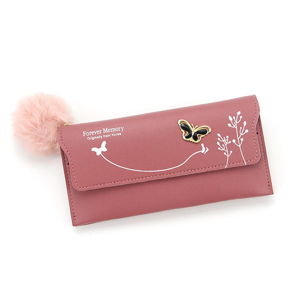 Women PU Leather Flap Wallet with Plush Ball Lady Butterfly Coin Purse MIT