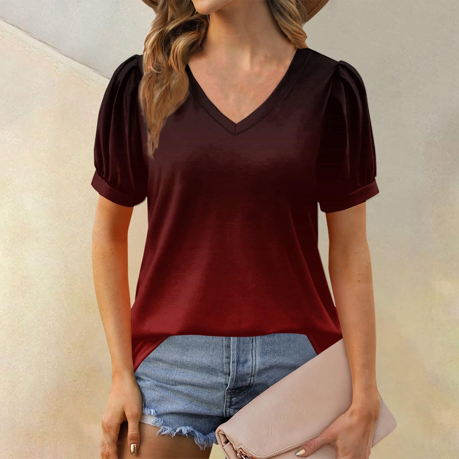 

Женская модная футболка с коротким рукавом и V-образным вырезом, свободная повседневная футболка S винный