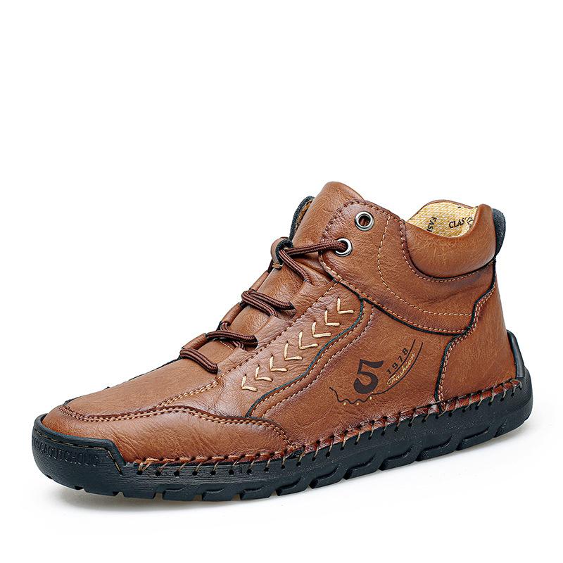 Large size men's hand-stitched shoes mid-top Martin boots casual flat-bottomed foot-fitting lazy shoes men's driving shoes