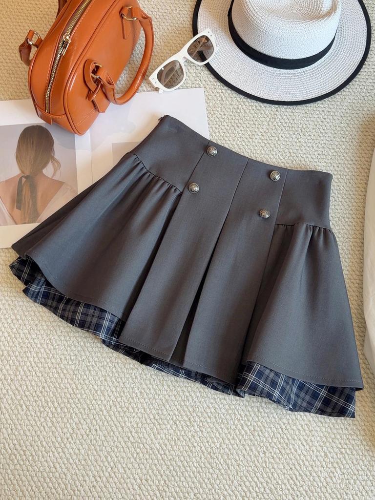 Women's College Style A-Line Plaid Patchwork Skirt - High Waist Flared, Spring 2026