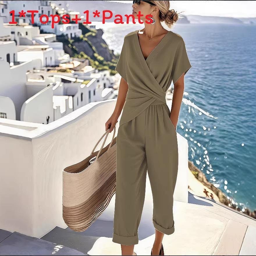 Traje de Verano para Mujer de Color Puro con Mangas Cortas Irregulares y Pantalones Plisados para Uso Casual