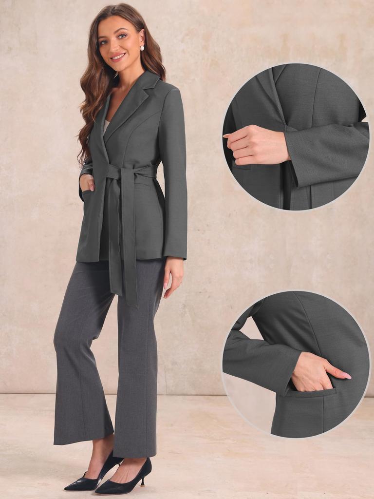 Allegra K Women's Single-Button Blazer, Office Lapel, Long Sleeve, Belted Jacket, Suit Blazer, Dark Gray, Size S