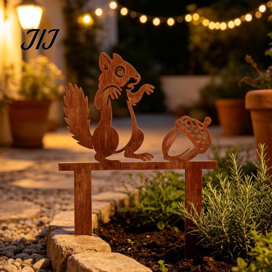 Outdoor Plant Bed Decor Rusty Metal Squirrel with Acorn Garden Stake, Cute Animal Silhouette Sculpture, Decorative Outside Yard Art Ornament for Patio