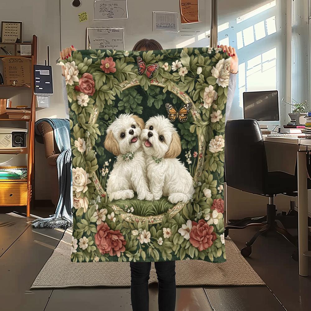 Maltese Dog and Grass,pattern Flannel Blanket, High Quality Comfortable for All Seasons, Home Decor, Warmth and Comfort, Perfect for Gifts.