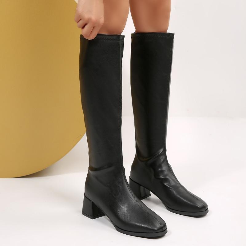 Winter Women Knee High Boots Cosy Soft Leather Thick Heel Shoes Female Vintage Slim Long Booties