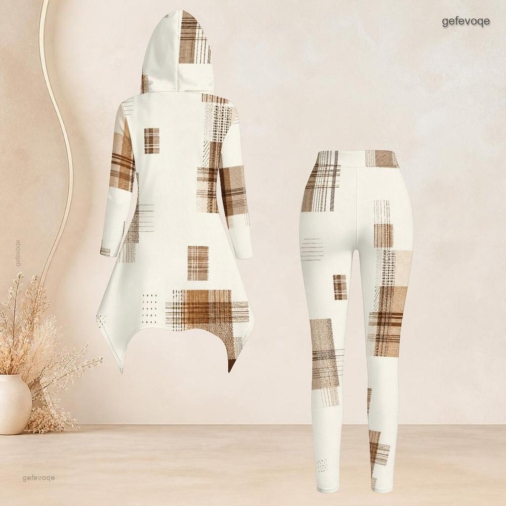 Women Plus Size Two Piece Set Hooded Long Sleeve Plaid Printed High Low Top And Fitted Pants