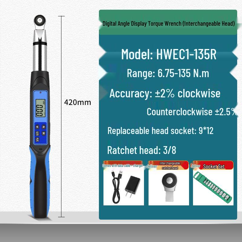 HEMUELE Digital Display Torque Wrench with Interchangeable Head Angle - HWEC Detection