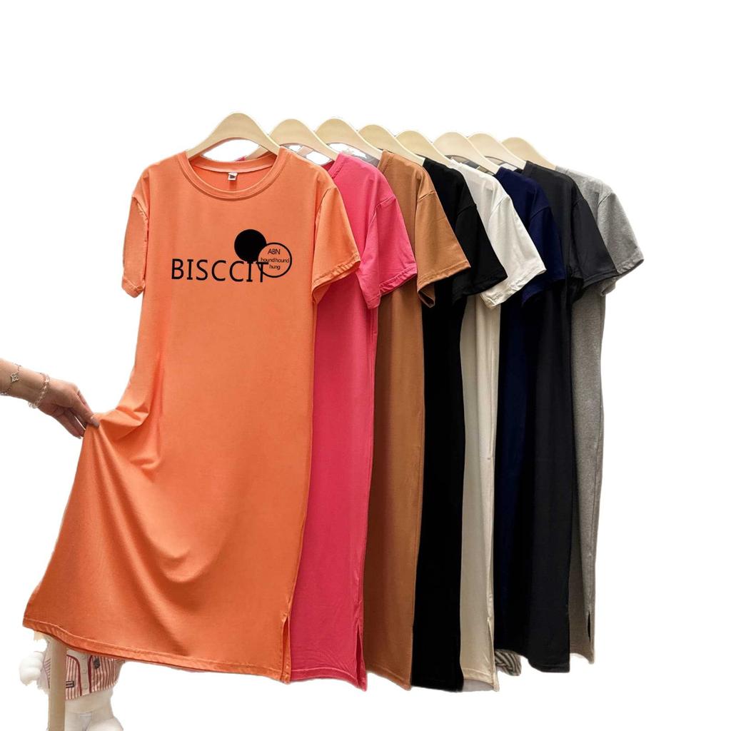 Knee-length T-shirt Dress, Loose, Casual and Laid-back Style Straight Skirt, Round-neck Double Slit Short-sleeved Dress for Women In Summer