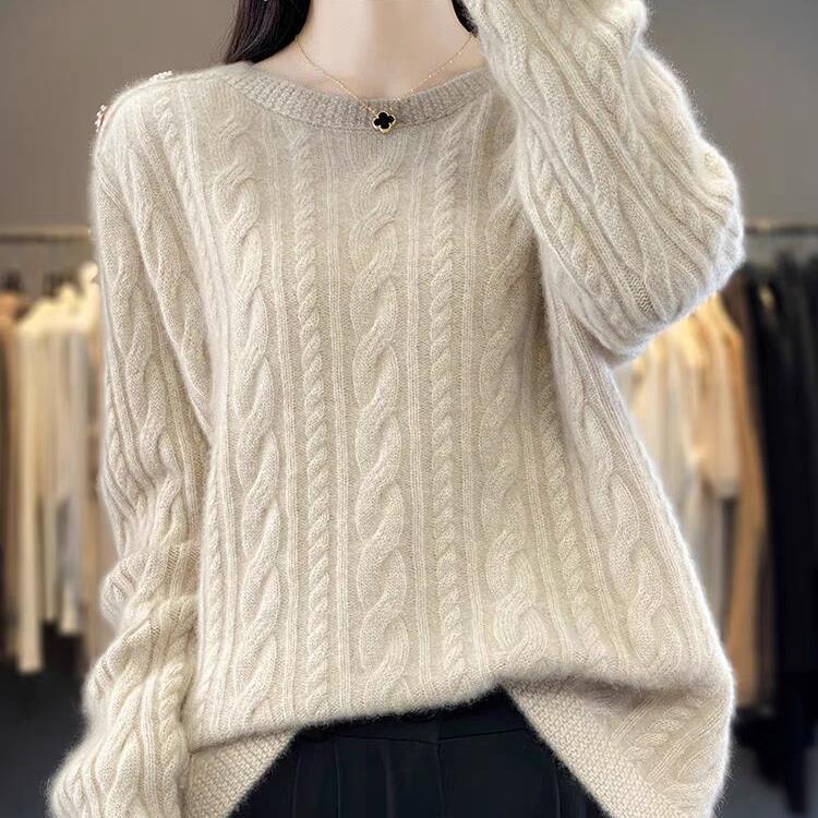 Women's Round Neck Loose Twisted Flower Solid Color Sweater Autumn and Winter New Style Cable Thickened Knitted Base