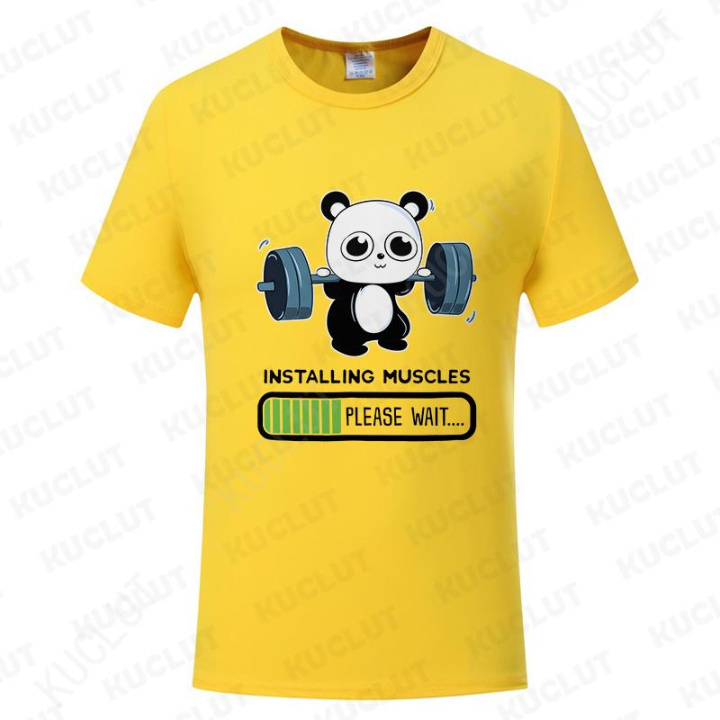 Funny Panda Gym Print T-Shirt Unisex Tees for Men Women O-neck Casual Short Sleeved Weightlifting Installing Muscles Basic Tops
