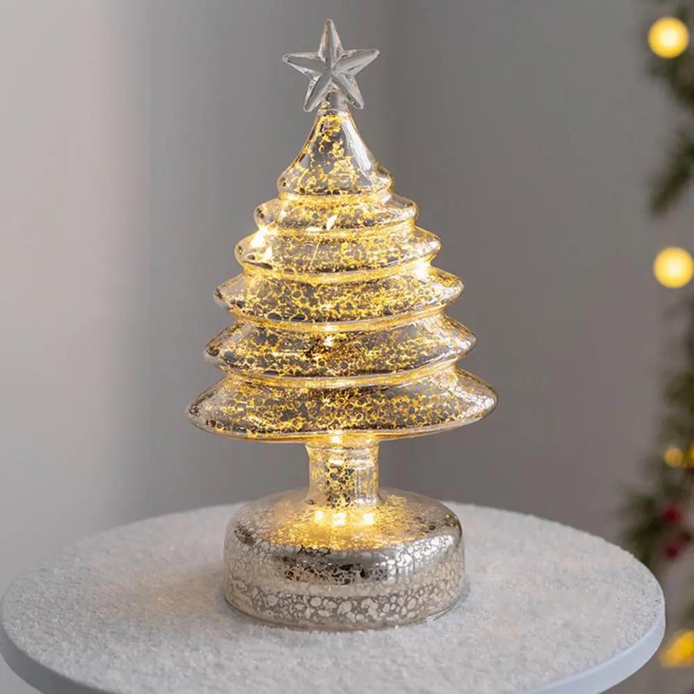 For Glass Christmas Tree Figurine Tabletop Tree Ornament with LED Lights Holiday Decor Light Up Tree Cone for Home Office Partie