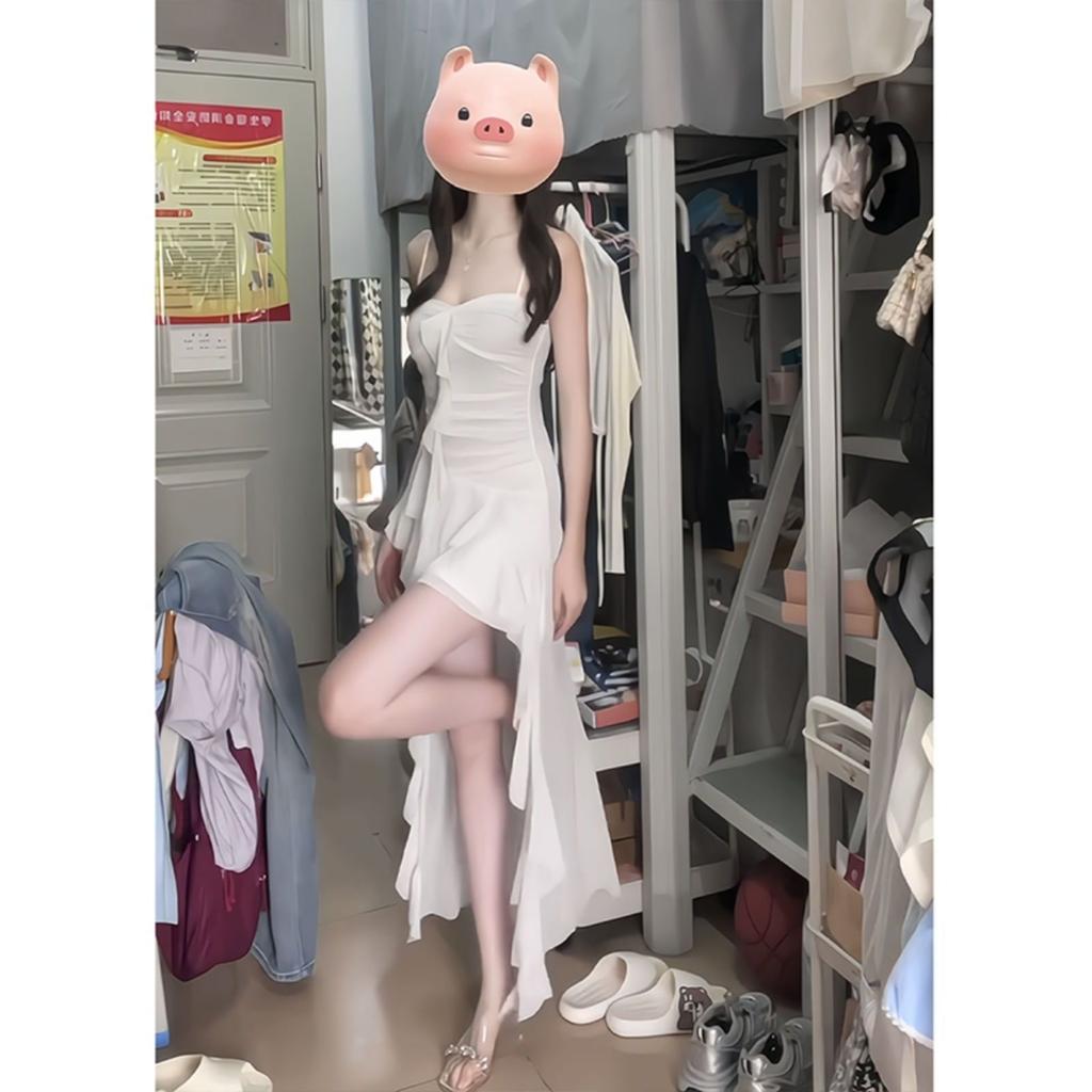 French Suspender White Irregular Gauze Dress Summer New Ruffle Mesh Slim One-word Shoulder Skirt