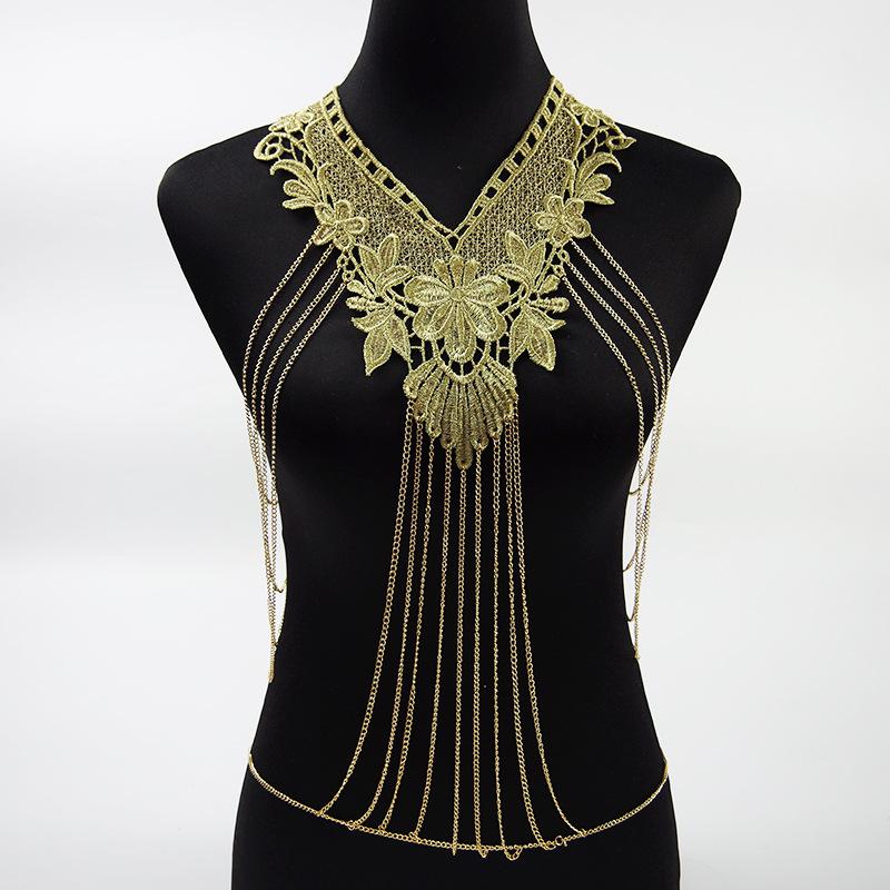 Gold Lace Trim Multi-Layer Fashionable Tassel Necklace For Women Body Chain Jewelry Accessory Elegant Trendy Jewelry