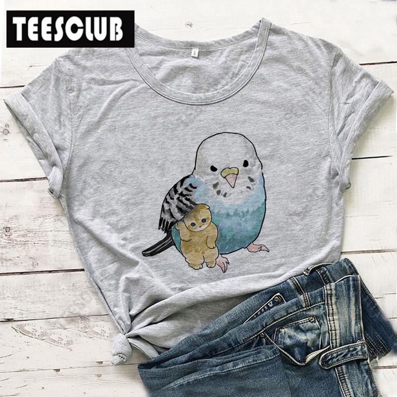 Women's Polyester 100% European-Style Cartoon Parrot Cat Print T-shirt Short Sleeve Harajuku Graphic Top Summer