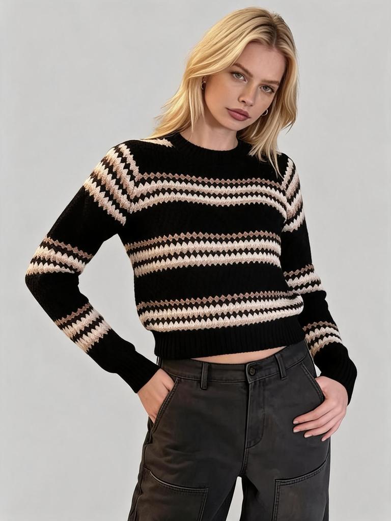 Winter New European and American Short Knit Sweater for Women, Crew Neck Striped Color-block Slimming Top