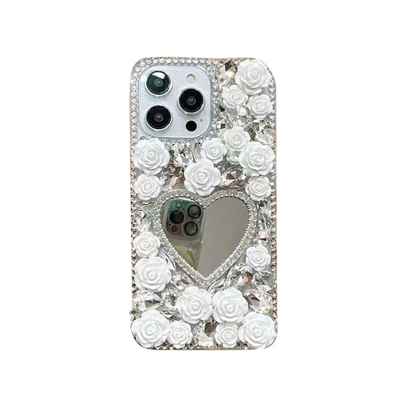 Rhinestone Flower Love Mirror for IPhone17Promax Mobile Phone Case for Apple 16plus Luxury 14 Women's Model