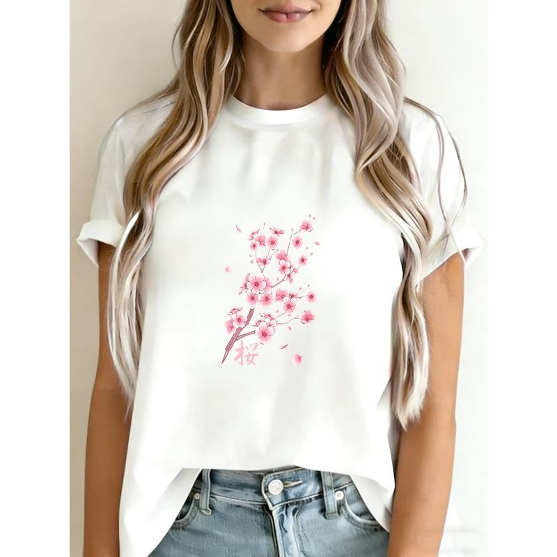 Weißes T-Shirt mit Kirschblütenprint für Damen, lässige Frühlings-Sommer-Kleidung