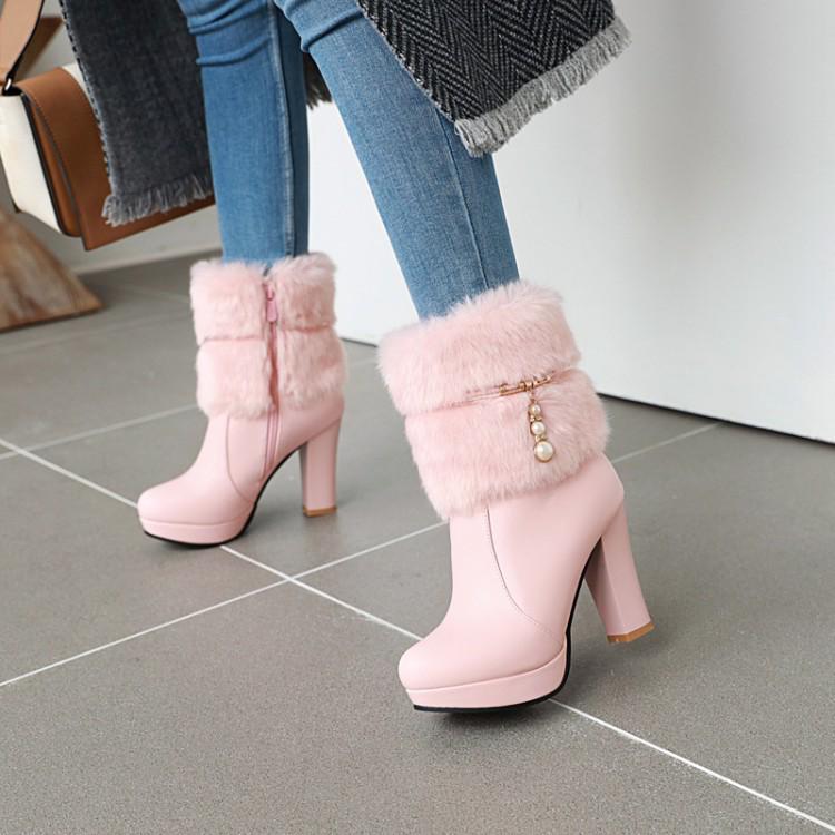 Waterproof Plush High Heel Ankle Boots with Velvet Lining - Autumn/Winter Turn-up Chunky Platform
