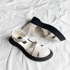 Fashion Summer Women Shoes Black Flat Leather Fashion Sandals Lace up Thick Soled Ankle Strap Sandals For Women Pinch Toe Flip Flops