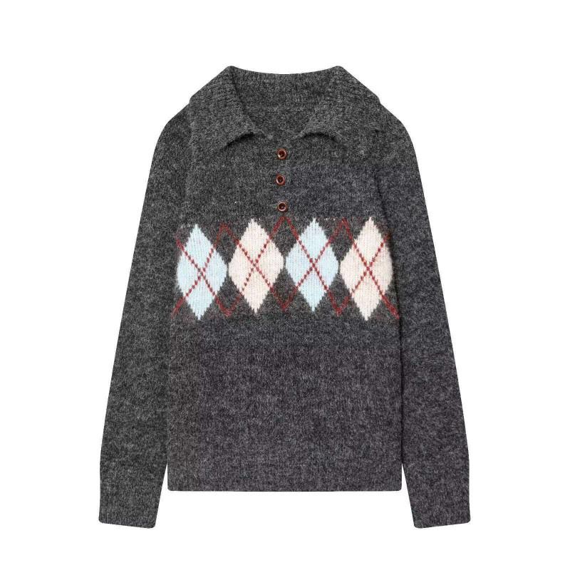 Womens Classic Argyle Collar Knit Sweater Regular Fit Long Sleeve Neutral Tones Office Casual Wear