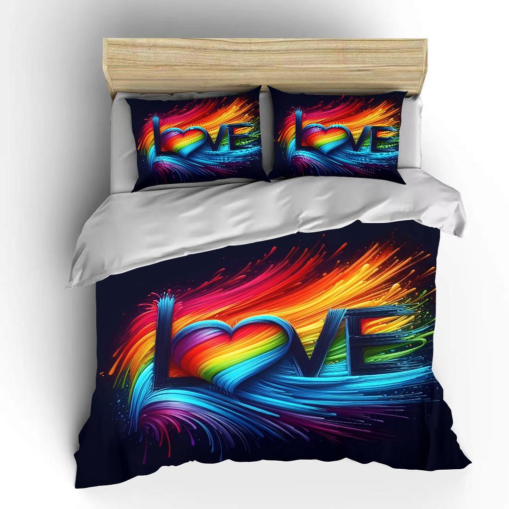 Rainbow Heart-Shaped Art Letters Bedding Set For Kids Luxury Gift 3Pcs Digital Print Comforter Set Soft Comfortable Breathable