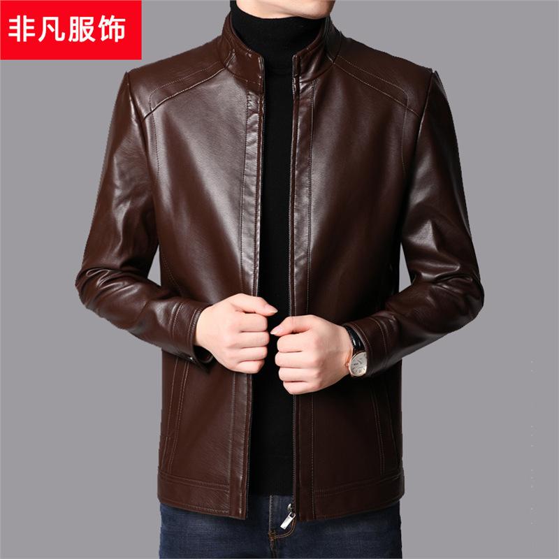 Leather leather jacket men's middle-aged spring and autumn Haining leather jacket men's velvet thick sheep jacket in the elderly