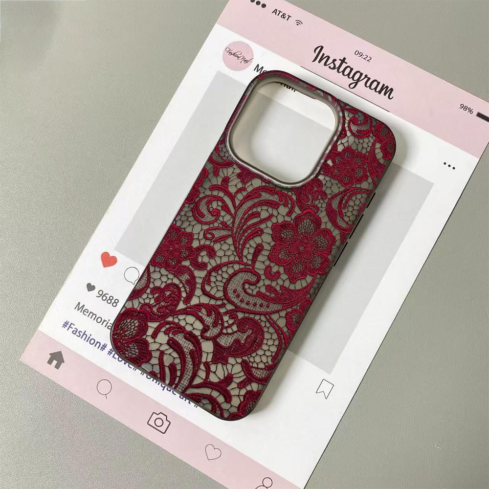 Burgundy Lace Phone Case for iPhone 17/16/15/14 Plus/13/12/11 Pro Max Clear TPU Cover Elegant Floral Pattern Protective Cover