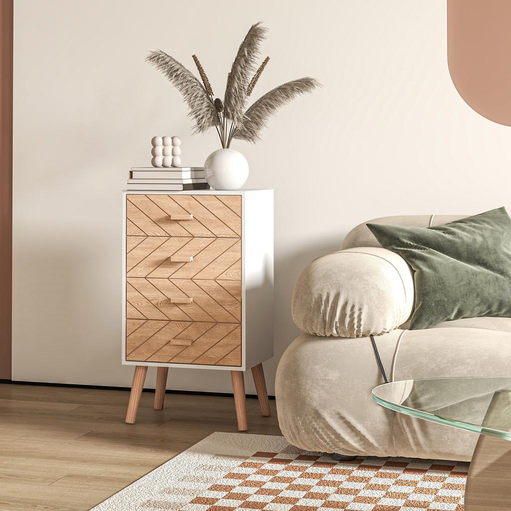 Comfortable 4 Drawer Dresser Bedroom Nightstand With Raised Legs For Living Room 40x30x75 Cm White And Natural