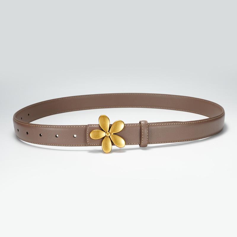 Women's Belts Flowers Fashion Decorative Belt Women's Decorative Dress Black Two-layer Cowhide Belt