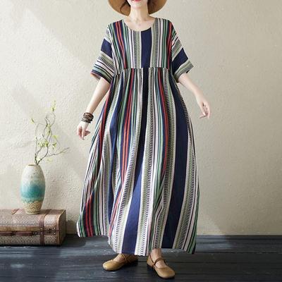 Short Sleeve Plus Size Cotton Vintage Floral New In Dresses for Women Casual Loose Long Summer Dress