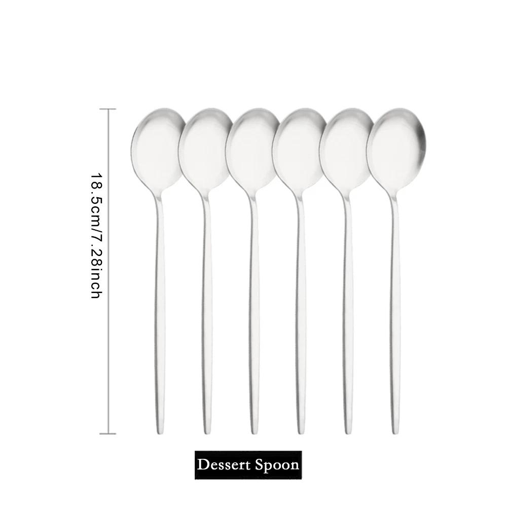 6Pcs Silver Tableware Set Knife Fork Long Handle Spoon Dinnerware Dessert Flatware Matte Cutlery Stainless Steel Silverware