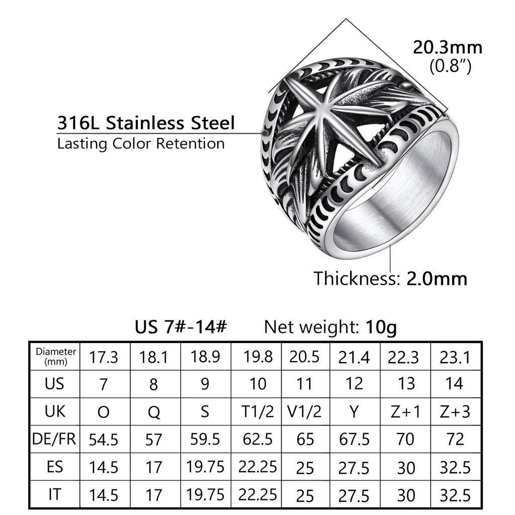 Stainless Steel Crescent Moons Star Rings for Man Woman The Rays of The Sun Ring Size 7-14 Retro Style Couple Jewelry Gift