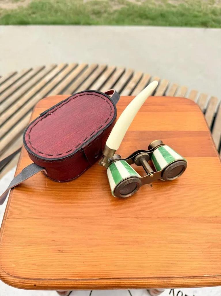 Vintage Green Opera Glasses with Leather Case – Brass & Enamel Binoculars