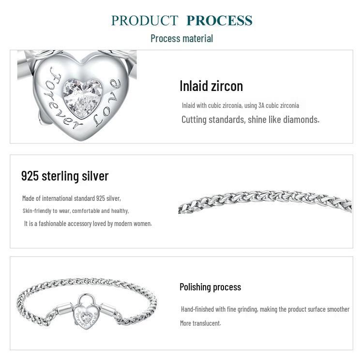 Avle Heart Lock Chain Bracelet - S925 Sterling Silver, Cross-Border Hot-Selling Item